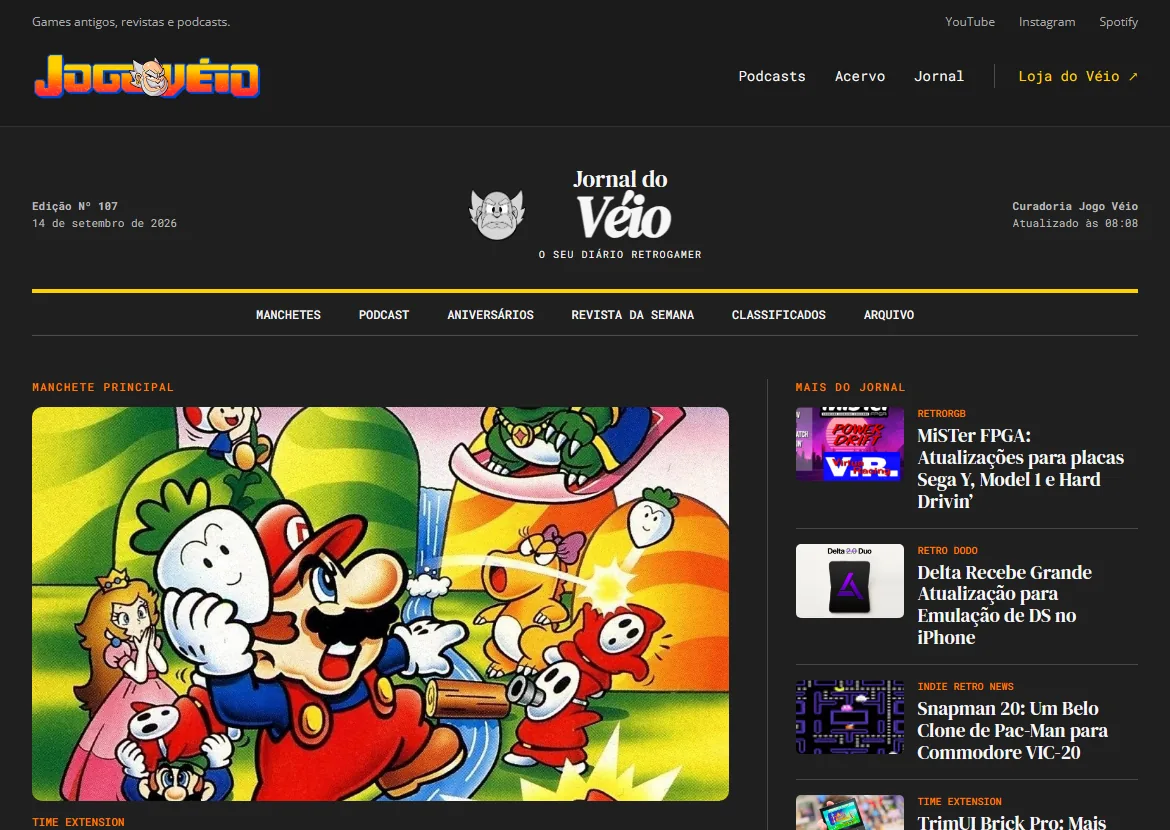 Prévia do novo layout do Jornal do Véio, com manchetes, podcast, aniversários, revista e classificados