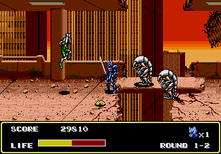 Combate entre plataformas na segunda área — Mazin Saga: Mutant Fighter (Mega Drive)