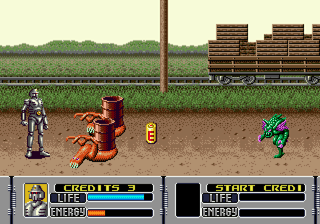 Personagens de Alien Storm enfrentam alienígenas na rua — Alien Storm (Mega Drive)