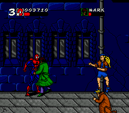 Homem-Aranha combate um grupo no beco — Spider-Man / Venom: Maximum Carnage (Mega Drive)