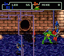 Leonardo e Michelangelo nos esgotos — Teenage Mutant Ninja Turtles: The Hyperstone Heist (Mega Drive)