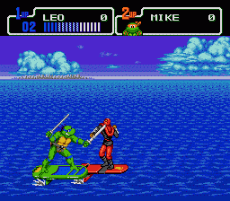 Tartarugas enfrentam inimigos sobre pranchas — Teenage Mutant Ninja Turtles: The Hyperstone Heist (Mega Drive)
