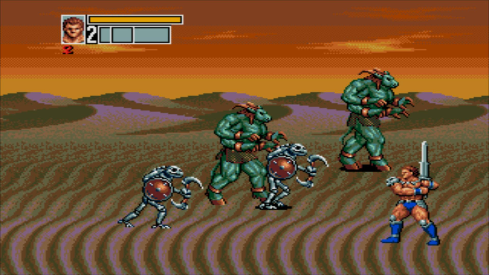 Kain enfrenta inimigos no deserto — Golden Axe III (Mega Drive)