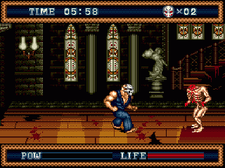 Rick enfrenta uma criatura no salão da mansão — Splatterhouse 3 (Mega Drive)
