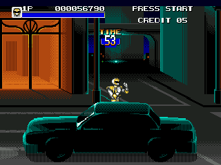 Ranger enfrenta inimigos numa rua com tráfego — Mighty Morphin Power Rangers: The Movie (Mega Drive)