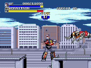 Ninja Megazord enfrenta Hornitron — Mighty Morphin Power Rangers: The Movie (Mega Drive)