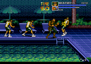 Nick Fury enfrenta inimigos junto à piscina — The Punisher (Mega Drive)