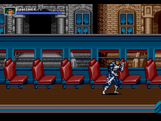 Frank Castle enfrenta um inimigo dentro do ônibus — The Punisher (Mega Drive)