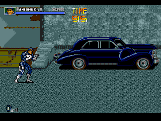Frank Castle diante do carro na terceira fase — The Punisher (Mega Drive)