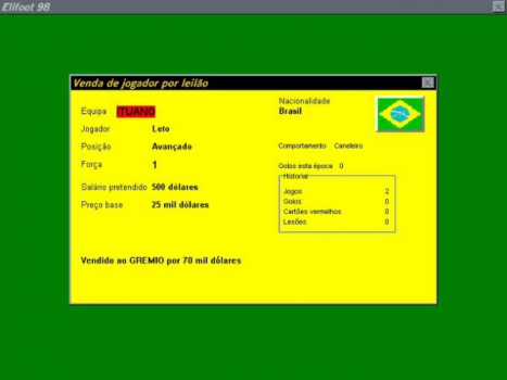 Negociação de um jogador numa janela do Elifoot 98 — Windows