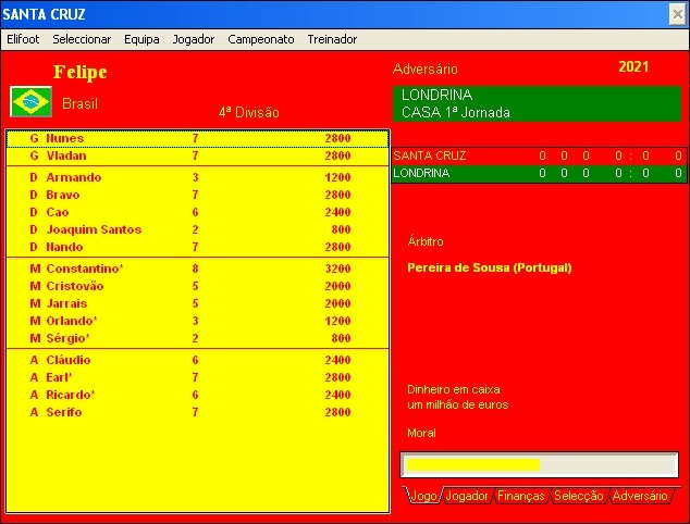 Lista de atletas e informações da equipe no Elifoot 98 — Windows