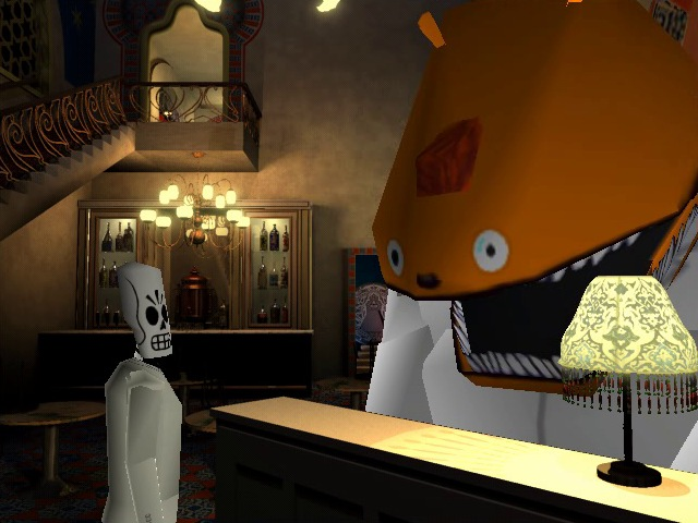 Manny conversa com Glottis atrás de um balcão — Windows