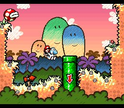 Yoshi leva o bebê Mario perto de um cano — SNES