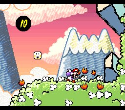 Yoshi atravessa um cenário com flores e moedas — SNES