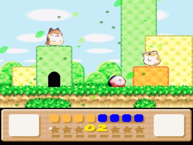 Kirby e seu amigo animal atravessam plataformas — SNES