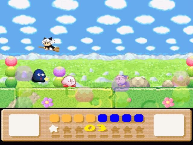 Kirby avança numa fase com nuvens — SNES