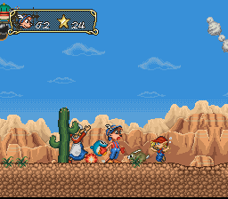 Ardy e Pec atravessam uma vila atacada — SNES