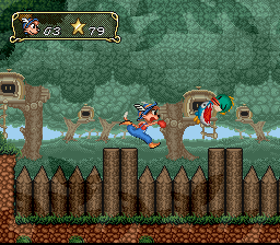 Pec engole um inimigo na floresta — SNES