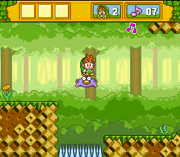Milon usa um inimigo achatado como plataforma — SNES