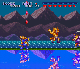 Sparkster atravessa uma área com reflexos na água — SNES