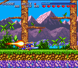 Sparkster usa um impulso perto das árvores — SNES