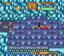 Mickey atravessa um cenário de aventura usando os balões — SNES