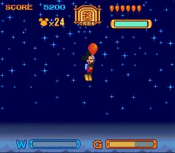 Mickey flutua entre plataformas com estrelas ao fundo — SNES