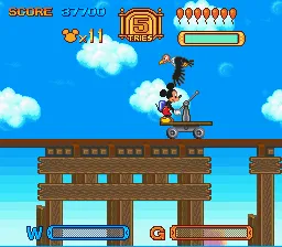 Mickey atravessa a atração Big Thunder Mountain entre trilhos e aves — SNES