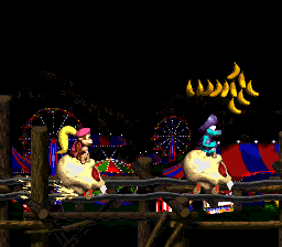 Dixie percorre uma fase de corrida sobre trilhos — SNES