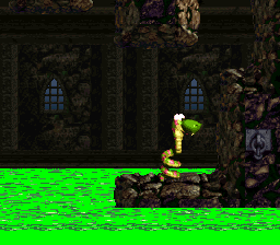 Rattly avança sobre plataformas junto ao líquido corrosivo — SNES