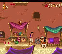 Aladdin atravessa o mercado de Agrabah — SNES