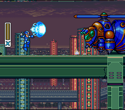 X enfrenta um robô gigante na fase de abertura de Mega Man X no SNES
