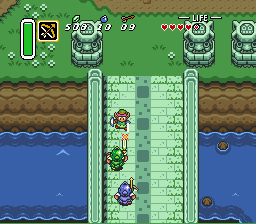 Link enfrenta soldados na entrada do castelo em A Link to the Past no SNES