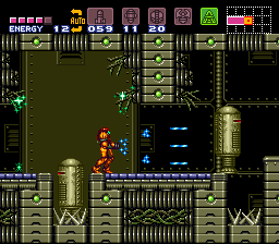 Samus explorando a nave abandonada em Super Metroid no SNES