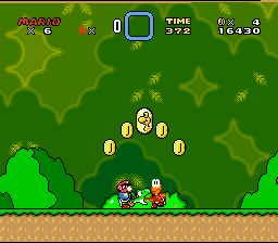 Mario e Yoshi em uma fase de Super Mario World no SNES
