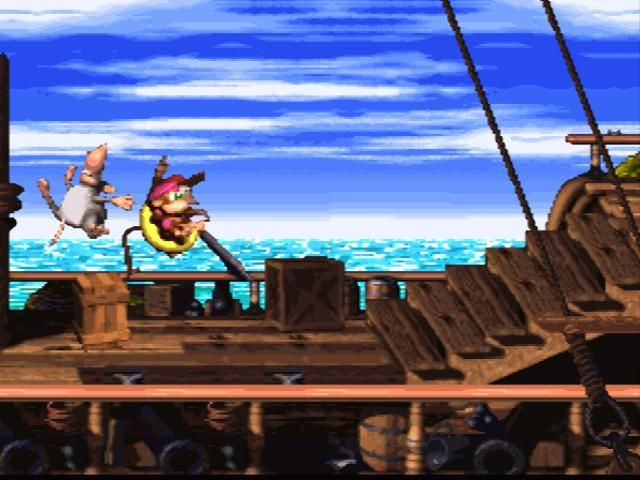 Diddy no convés de um navio em Donkey Kong Country 2 no SNES