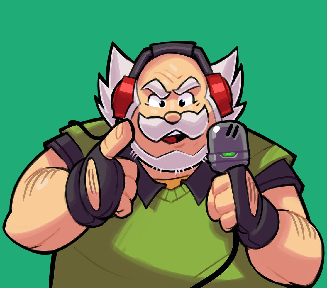 O Véio, mascote do Jogo Véio, segurando fones de ouvido e um microfone